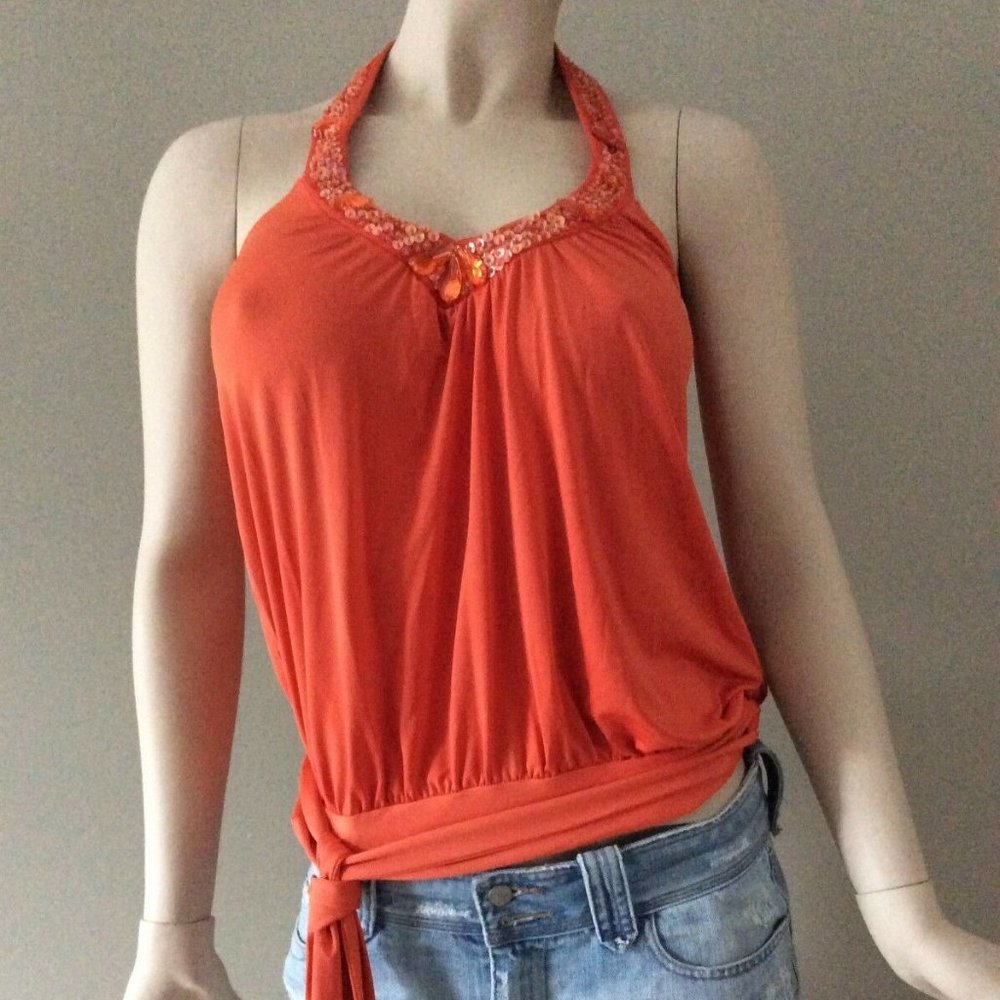 Arden B. Zest Orange Beaded Neckline Halter Top Size S